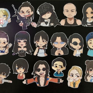 May include: A collection of cartoon stickers featuring various characters. The stickers depict people with different hairstyles, clothing, and expressions. Some characters are holding playing cards or wearing sunglasses. The stickers are colorful and have a cartoon style.