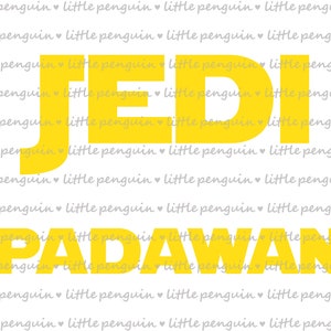 Op de afbeelding: Gele tekst op een witte achtergrond die "JEDI PADAWAN" leest met een herhalend patroon van de woorden "kleine pinguïn" in grijs.