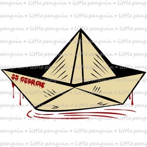Pode incluir: Um barco de papel com as palavras "SS Georgie" escritas em vermelho. O barco está flutuando em uma poça de líquido vermelho, que parece ser sangue.