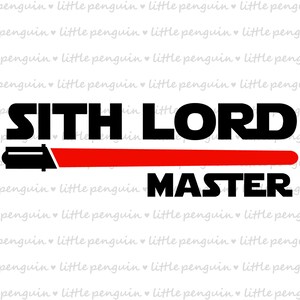 Puede incluir: Diseño gráfico en negro y rojo con el texto "SITH LORD" y "MASTER" sobre un fondo blanco.