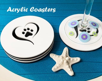 I love My Dog 3D Acrylic Coasters Set Of 4 - Featuring "Heart Shape With Paw" Laser Cut Image - Two Piece High-End Coasters - Cork Bottom