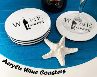 High-End Acrylic Wine Coaster Set Of 4 - Featuring "Wine Lovers" Laser Cut - Decorative And Drink Coasters - Wine Testing, Wine Connoisseurs