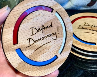 Democracy Themed Collectors Edition Coaster Set:  Wood-Crafted, Defend Democracy