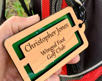 Country Club Custom Engraved Golf Bag Tag - Wood Design With Color Choice Background