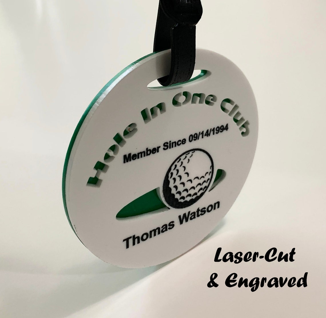 thumbnail interactive-video image 1 of Personalized Hole In One Bag Tag – Includes FREE Ball Marker – Engraved Name & Date 1 of 3