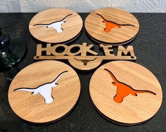 Texas Longhorns Coaster Set Collectors Edition: Wood with Cork Bottom + FREE Magnet