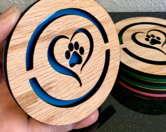 Dog Lovers Paw Themed Wood-Crafted Drink Coaster Set, Collectors Edition: Choose Your Color