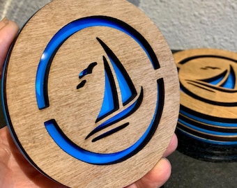 Sailing Coasters: Wood & Acrylic Nautical Decor, Sailor Gift
