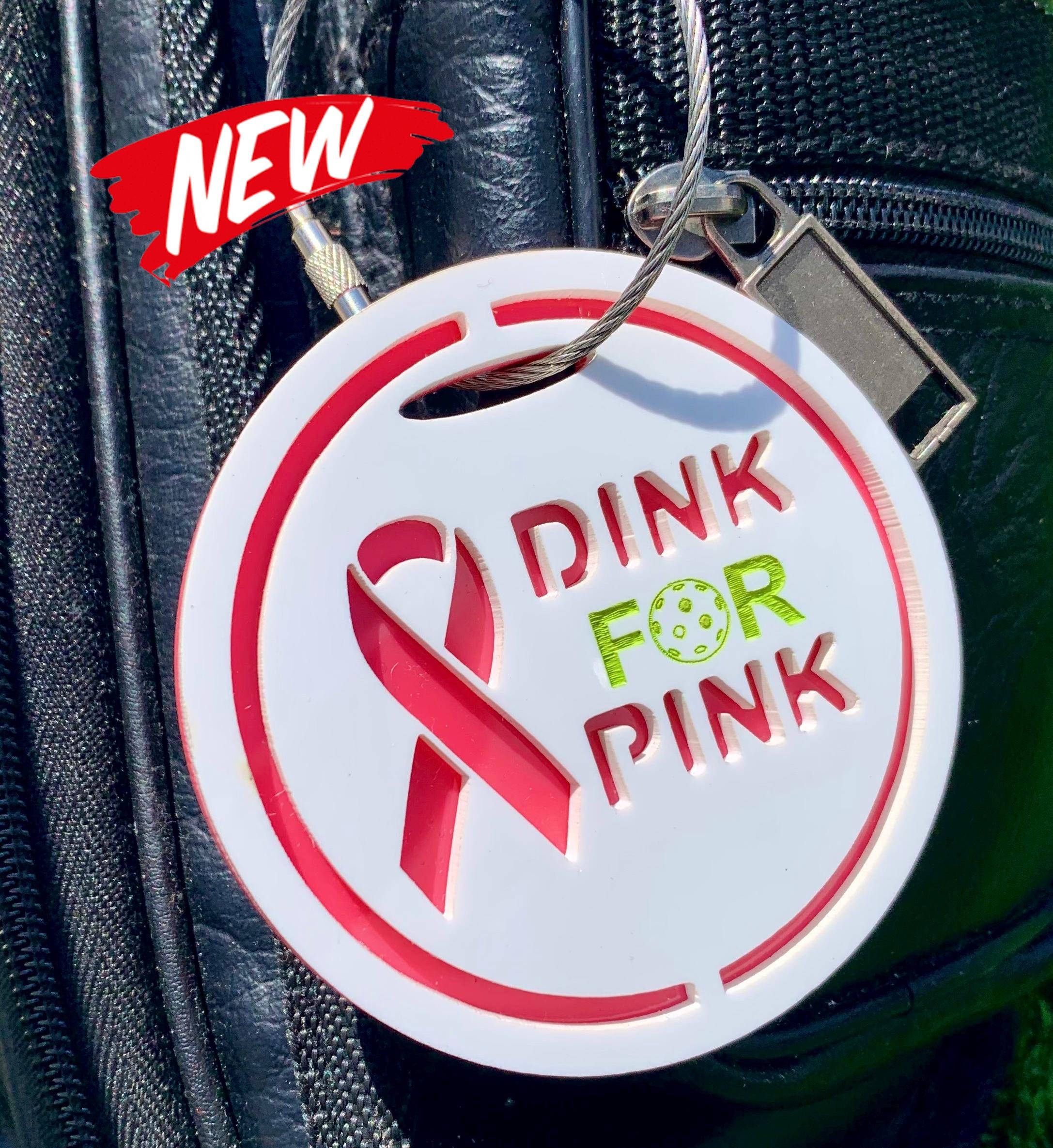 Pink Ribbon Breast Cancer Awareness Pickleball Bag Tag - Customizable Fundraiser Swag for Charity Events & Tournaments