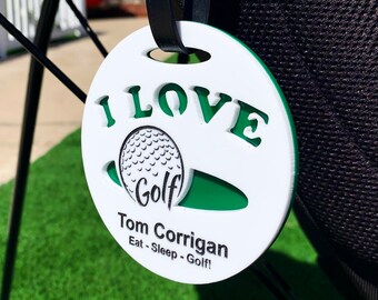 Engraved Acrylic I Love Golf Bag Tag - Add Custom Text - Golf Gift Item Birthday, Christmas -  Best Golf Gift For Dad, Wife, Daughter, Son