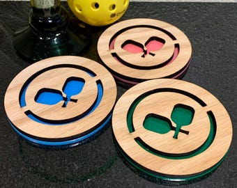 Pickleball Themed Wood-Crafted Drink Coaster Set, Collectors Edition: Pickleball Gift Item