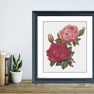 Vintage Botanical Pattern - Two Roses - Red Rose Pattern - Pink Rose Pattern- Cross Stitch Pattern - PDF Pattern Only