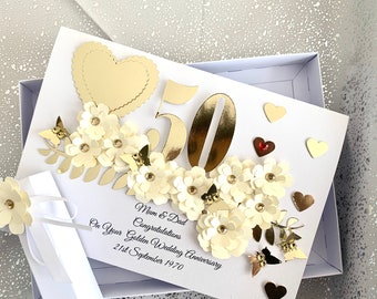 Handmade 50th Wedding Anniversary Card personalised for Mum Dad Daughter Son Golden Wedding Card