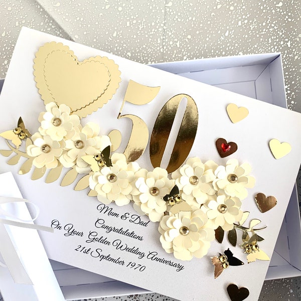 Handmade 50th Wedding Anniversary Card personalised for Mum Dad Daughter Son Golden Wedding Card