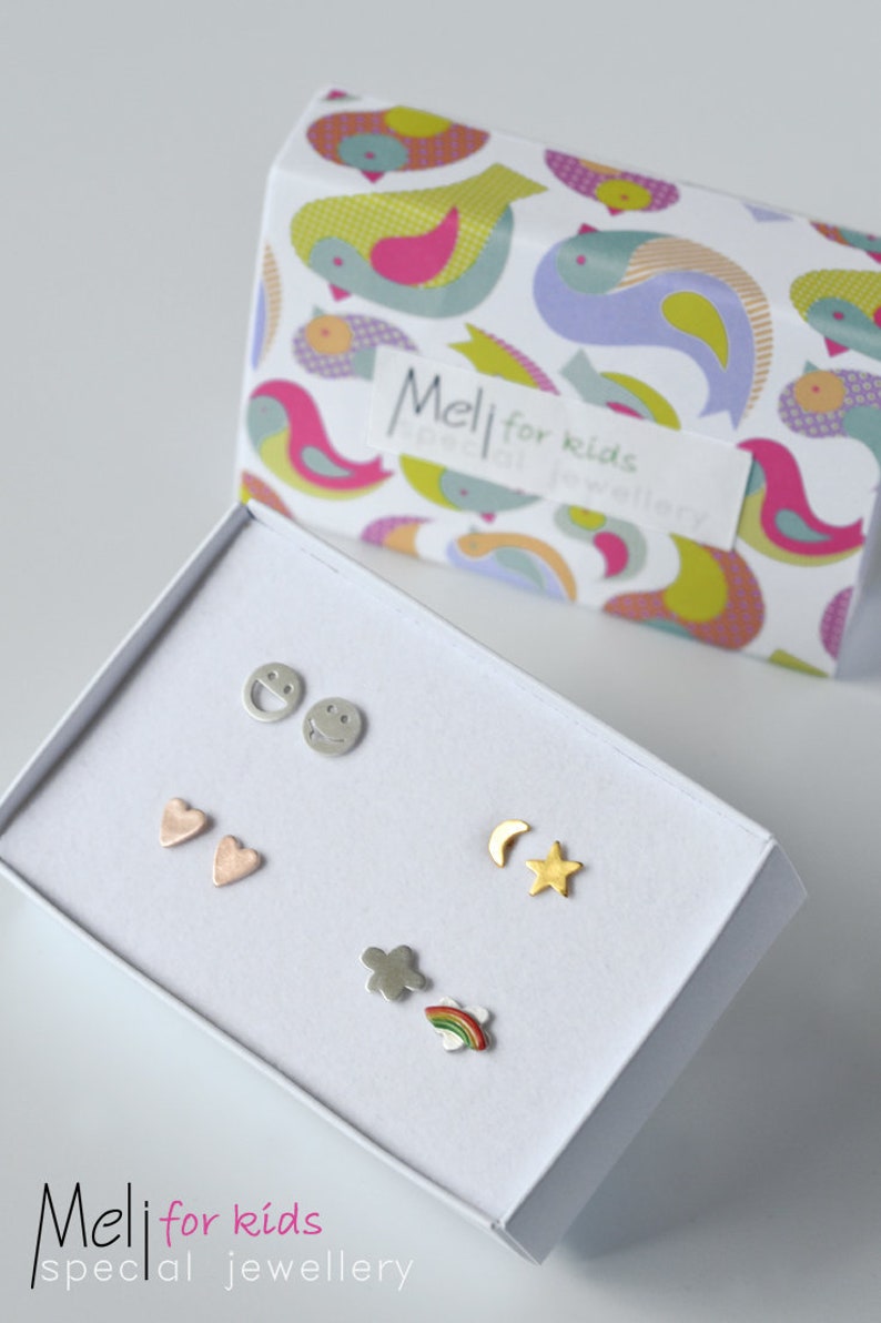 Sterling Silver kids Earrings Compilation,Earring Collection For Girls,Emoticons Cloud Rainbow Moon Star Heart Stud Earrings