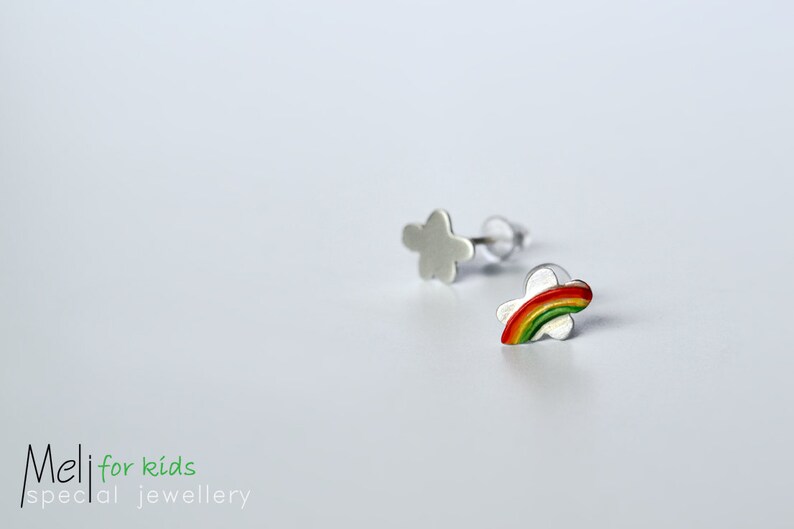 Sterling Silver kids Earrings Compilation,Earring Collection For Girls,Emoticons Cloud Rainbow Moon Star Heart Stud Earrings