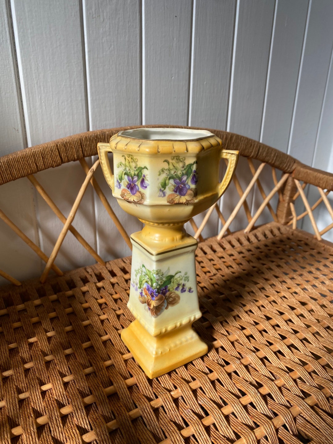 Vintage Austrian Porcelain Pedestal Vase Hand Painted Floral Vase