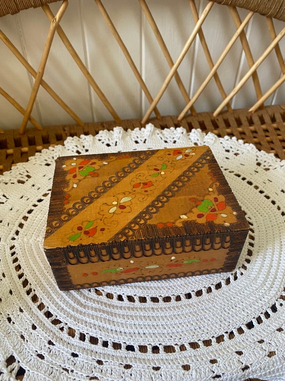 Vintage Wooden Pyrography Hinged Box | Made in Bulgaria | Keepsake Box