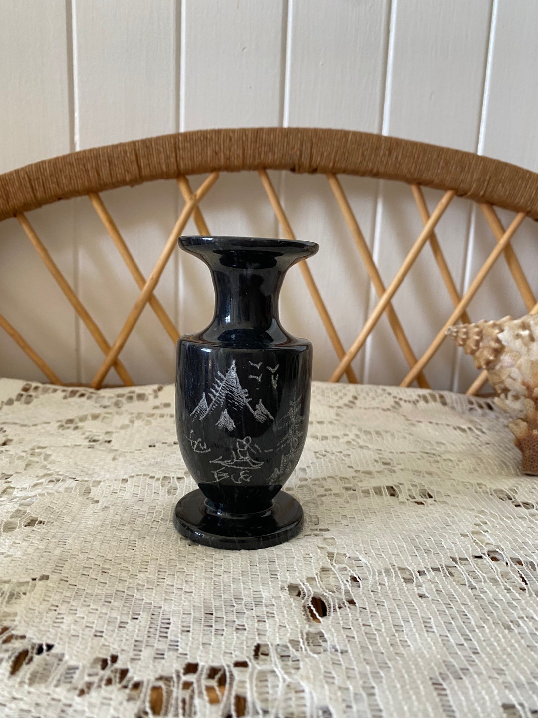 Small Etched Marble Vase Vintage Black Marble Vase Oriental Vase Asian