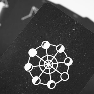 May include: Black card with a white illustration of a circle with eight moons in different phases around the edge. The card has a speckled texture.