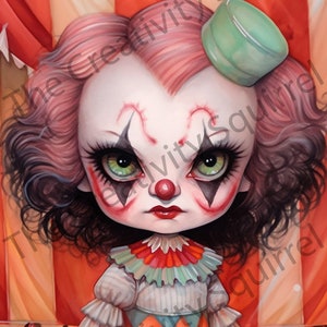 May include: A painting of a clown with pink hair, green eyes, and a red nose. The clown is wearing a white and green ruffled collar, a green and orange diamond patterned skirt, and a green hat. The clown is standing in front of a red and white striped tent.