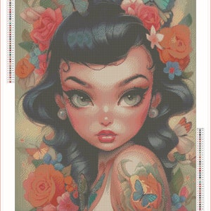 May include: A digital painting of a woman with dark hair and a floral crown. She has large green eyes and red lips. The background is a light green with flowers and butterflies.