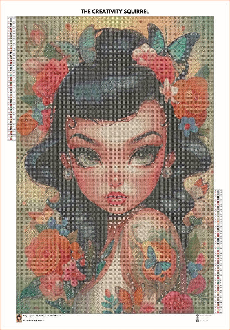 May include: A digital painting of a woman with dark hair and a floral crown. She has large green eyes and red lips. The background is a light green with flowers and butterflies.