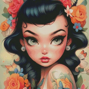May include: A digital illustration of a woman with dark blue hair, wearing a white tank top and surrounded by colorful flowers and butterflies. The woman has a tattoo on her arm of a butterfly and a flower.