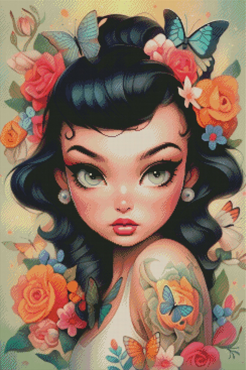 May include: A digital illustration of a woman with dark blue hair, wearing a white tank top and surrounded by colorful flowers and butterflies. The woman has a tattoo on her arm of a butterfly and a flower.