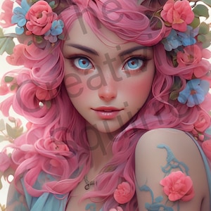 Pu&ograve; includere: Una donna con i capelli rosa e corna adornate con fiori rosa e blu. Indossa un vestito azzurro chiaro e ha un tatuaggio floreale sul braccio.