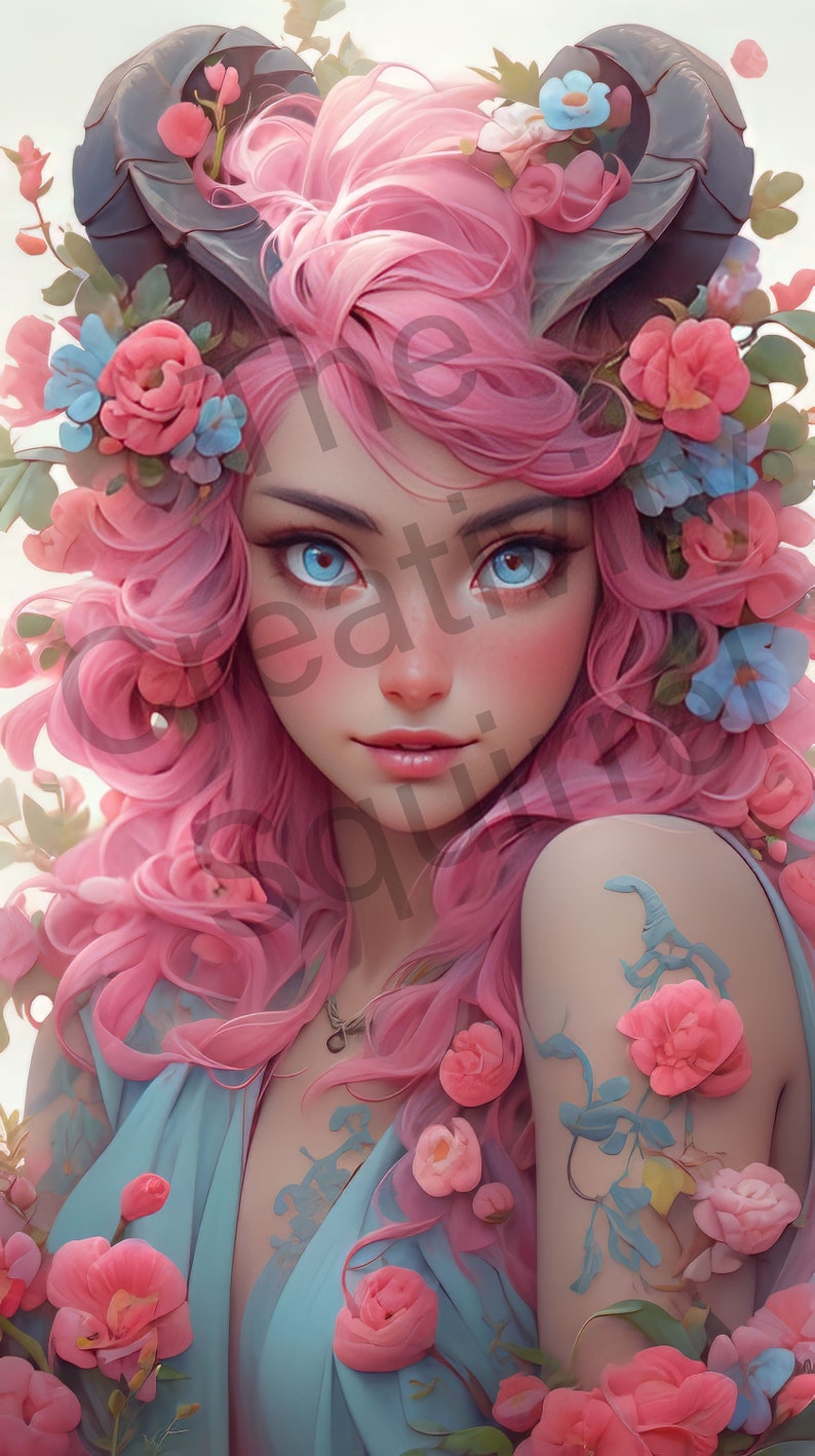 Pu&ograve; includere: Una donna con i capelli rosa e corna adornate con fiori rosa e blu. Indossa un vestito azzurro chiaro e ha un tatuaggio floreale sul braccio.
