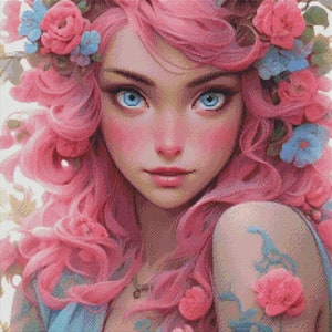 Pu&ograve; includere: Una donna con i capelli rosa e le corna &egrave; circondata da fiori rosa e blu. Indossa un vestito blu e ha un tatuaggio sul braccio.