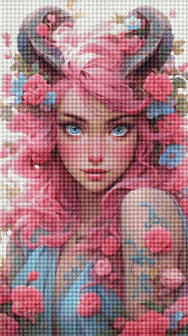 Pu&ograve; includere: Una donna con i capelli rosa e le corna &egrave; circondata da fiori rosa e blu. Indossa un vestito blu e ha un tatuaggio sul braccio.