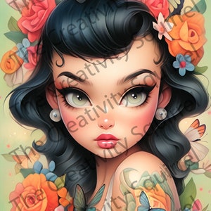 May include: A digital illustration of a woman with dark hair and large green eyes. She is wearing a white top and has a floral tattoo on her arm. The tattoo features butterflies and roses.