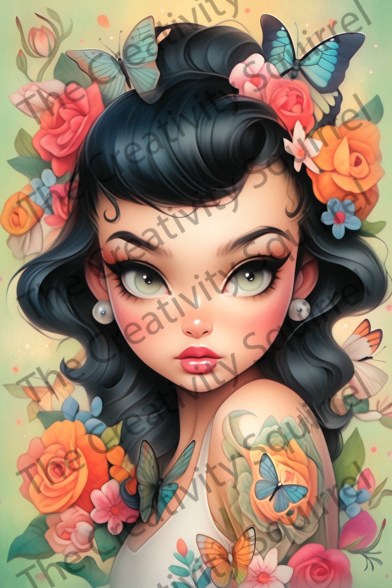 May include: A digital illustration of a woman with dark hair and large green eyes. She is wearing a white top and has a floral tattoo on her arm. The tattoo features butterflies and roses.
