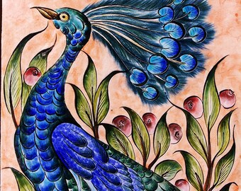 Peacock Tile Wall Painting, 100% Handmade Hand Painted, Turkish Ceramic , Traditional Wall Hangings, Art Deco Piece of Art