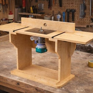 Puede incluir: Una mesa de enrutador de madera clara. Cuenta con una parte superior rectangular con una inserción negra para el enrutador y una guía. La base también es de madera y tiene un diseño robusto. Un enrutador turquesa y gris está adjunto.