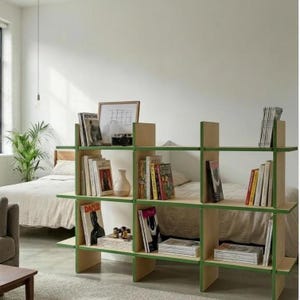 Könnte beinhalten: Ein modernes Bücherregal mit hellem Holzfinish und grünen Kanten. Die Regale sind mit Büchern, einem gerahmten Bild, einer Kamera und dekorativen Gegenständen gefüllt. Das Bücherregal dient als Raumteiler.