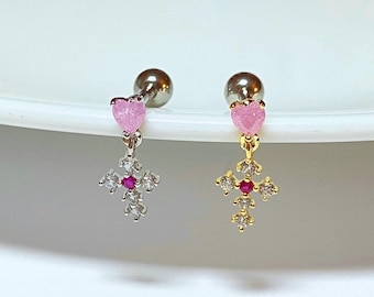 Pink Heart Shape and Dangle Cross Ear Cartilage, Tragus, Conch Earring, 16G Barbell Screw Back Piercing