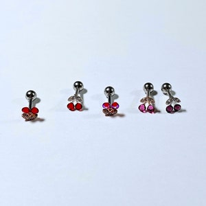 Cherry Ear Cartilage, Helix, Tragus, Conch, Earlobe Earring, Fruit 16g Rose Gold and Silver Color Screw Back Piercing