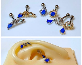 16g Gold and Silver Color Blue Water Drop, Moon Star, Flower Star Shape Ear Cartilage, Helix, Conch, Tragus Piercing Screw Back Earring