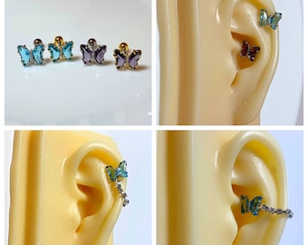 Sky Blue and Purple Butterfly Ear Cartilage Screw Back Piercing, 16g Gold and Silver Color Helix, Conch, and Earlobe Barbell Piercing