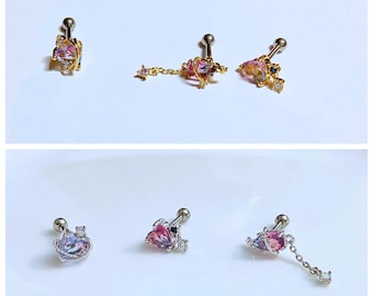 Purple Blue Color Heart Shape and Water Drop Dangle Shape Ear Cartilage, Tragus, Conch Earring, 16G Screw Back Barbell Piercing