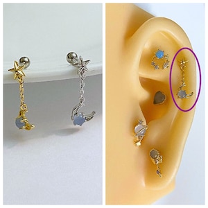Brinco de cartilagem de orelha, hélice e lóbulo de orelha pequena estrela e azul celeste, cor pastel, lua, prata e ouro, piercing traseiro de parafuso de 16g