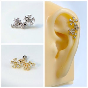 Pink and Crystal Three Flowers Screw Back Piercing, 16g Gold and Silver Color Ear Cartilage, Helix, Earlobe Earring