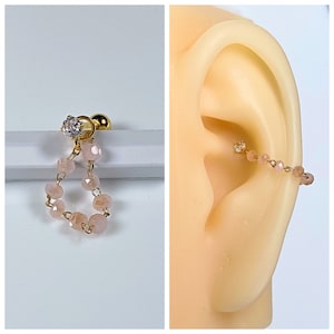 Gold Color Crystal Cubic Zirconia 16g Pink Beads Chain Ear Cartilage, Helix, Conch, Earlobe Screw Back Stud Earring