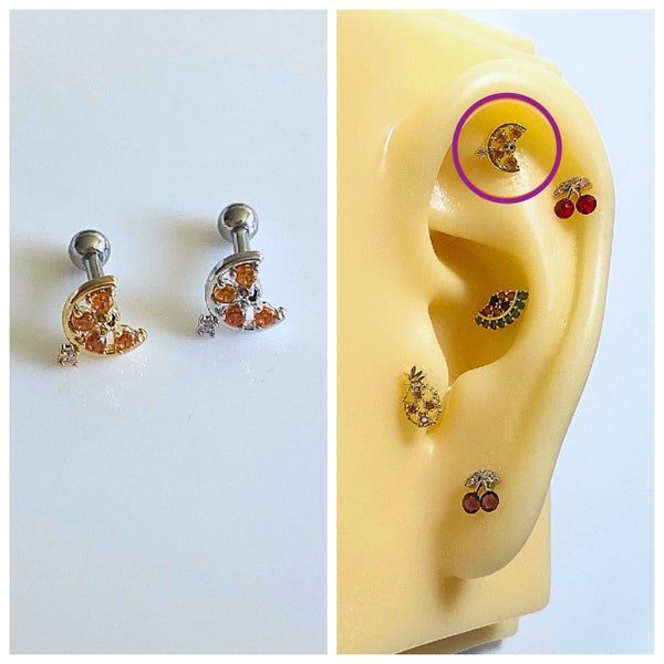 Orange Slice Fruit Ear Cartilage, Conch, Helix, Earlobe Earring, 16g Gold and Silver Color Screw Back Barbell Piercing