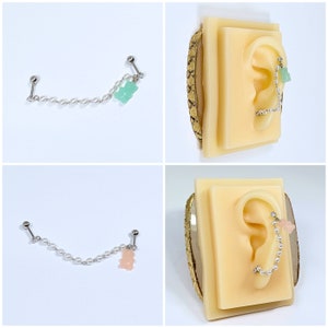 16g Crystal CZ Pearl Chain Mint and Pink Dangle Screw Back Piercing, Ear Cartilage, Earlobe, Helix Earring