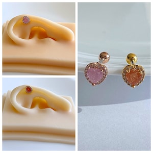 Pink and Orange Color Heart Shape Rose Gold and Gold Color Ear Cartilage and Conch 16g Screw Back Earring Piercing Barbell