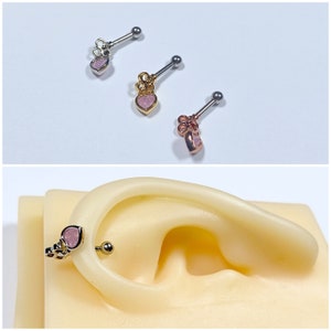 16g Key Pink Heart Dangle Silver, Gold, and Rose Gold Color Ear Cartilage, Rook, Eyebrow Straight, Curved Bar Screw Back Barbell Earring